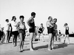August 6, 1934 shot of Commissioner Robert Moses and officials at Jones Beach, Long Island.  Credit: Alajos L Schusler, New York City Parks Photo Archive, neg. 36501-1.