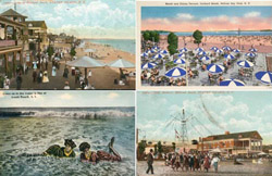 Vintage postcards from Midland Beach (upper left and lower right), South Beach (lower left), and Orchard Beach (upper right).  Credit: Collection of Staten Island Institute Art & Sciences (Midland Beach and South Beach postcards) and Adrian Benepe (Orchard Beach postcard).
