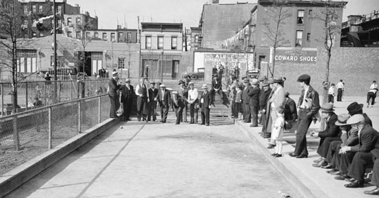 Men playing bocce at J.J. Byrne Park in Brooklyn, May 8, 1935. Courtesy of Parks Photo Archive, Neg. 1400.