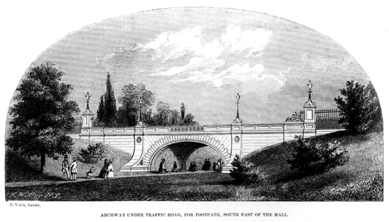 "Archway under traffic road, for footpath, south east of the mall.” From an 1859 annual report. An example of the advances Olmsted & Vaux made in balancing pedestrian needs with transit needs. Image of “Archway under traffic road, for footpath, south east of the mall." From an 1859 annual report. An example of the advances Olmsted & Vaux made in balancing pedestrian needs with transit needs.