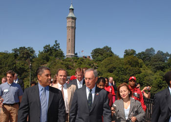 Mayor Bloomberg in front of the Water Tower at the ribbon cutting of the access paths to the High Bridge