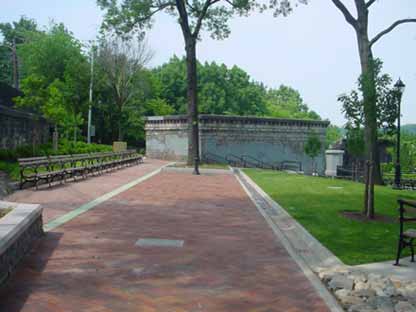 The pavement and children's spray shower area mimics the brick used in the aqueduct. Photo credit: Ellen Macnow, Parks & Recreation