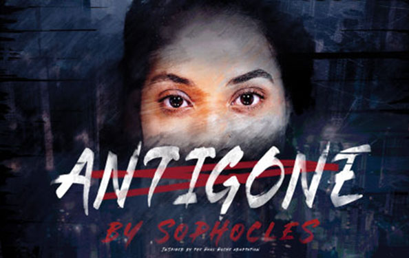a poster of a woman's eyes and text that reads Antigone by Sophocles